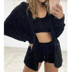 Three Piece Sexy Fluffy Outfits Coat+Shorts+Crop